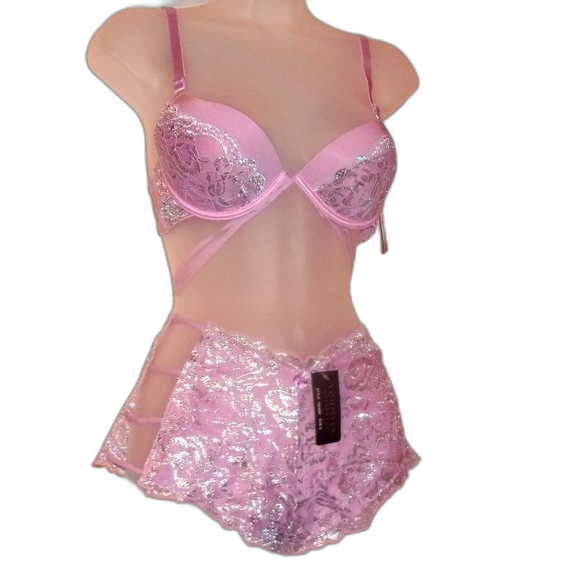 Youmita 32B Lavender Mist Metallic Lace Bra & Small Coordinating Boyshort NWT - Picture 1 of 13